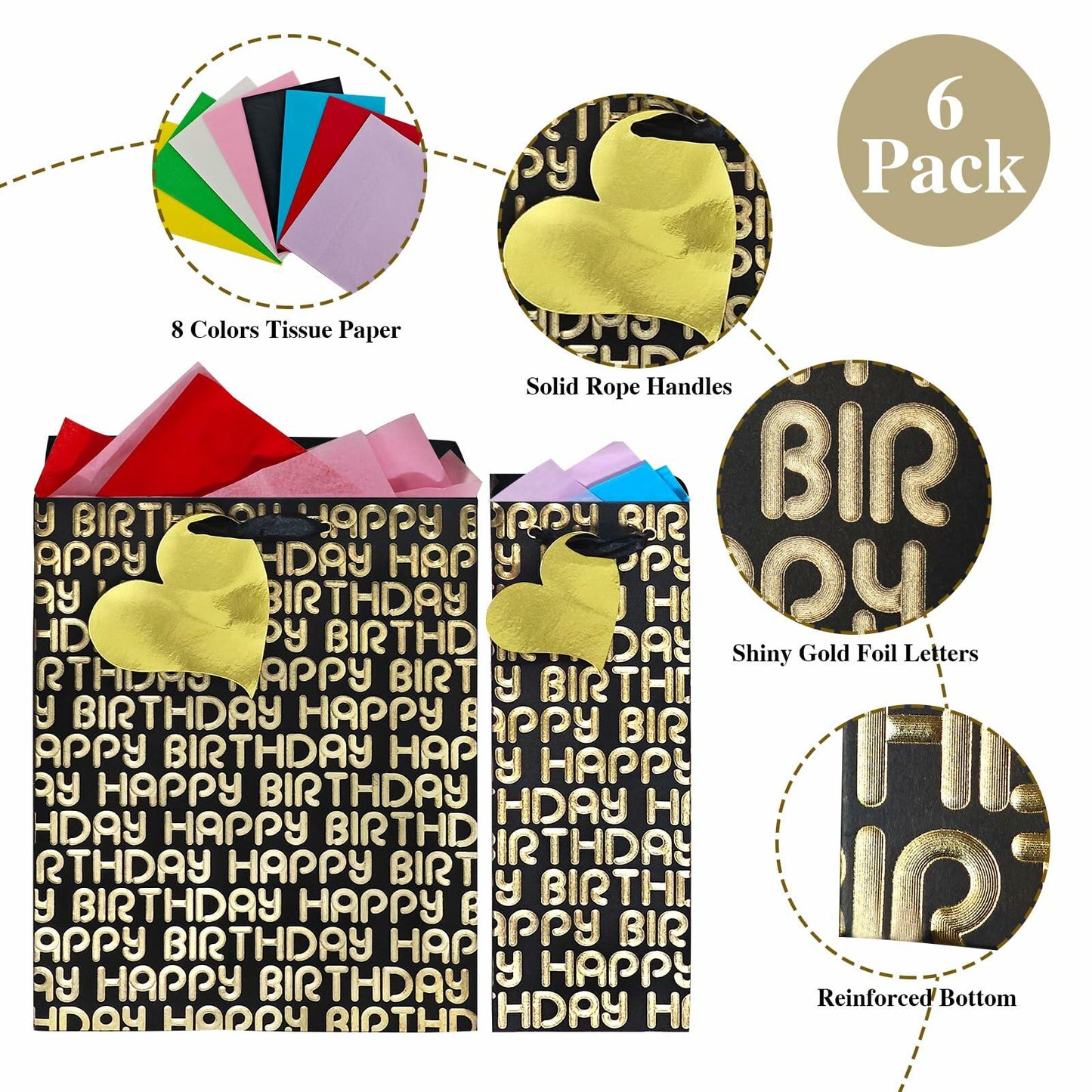 suosicn 8 Pack Black Embossed Metallic Polka Dot Paper Gift Bags with Handles