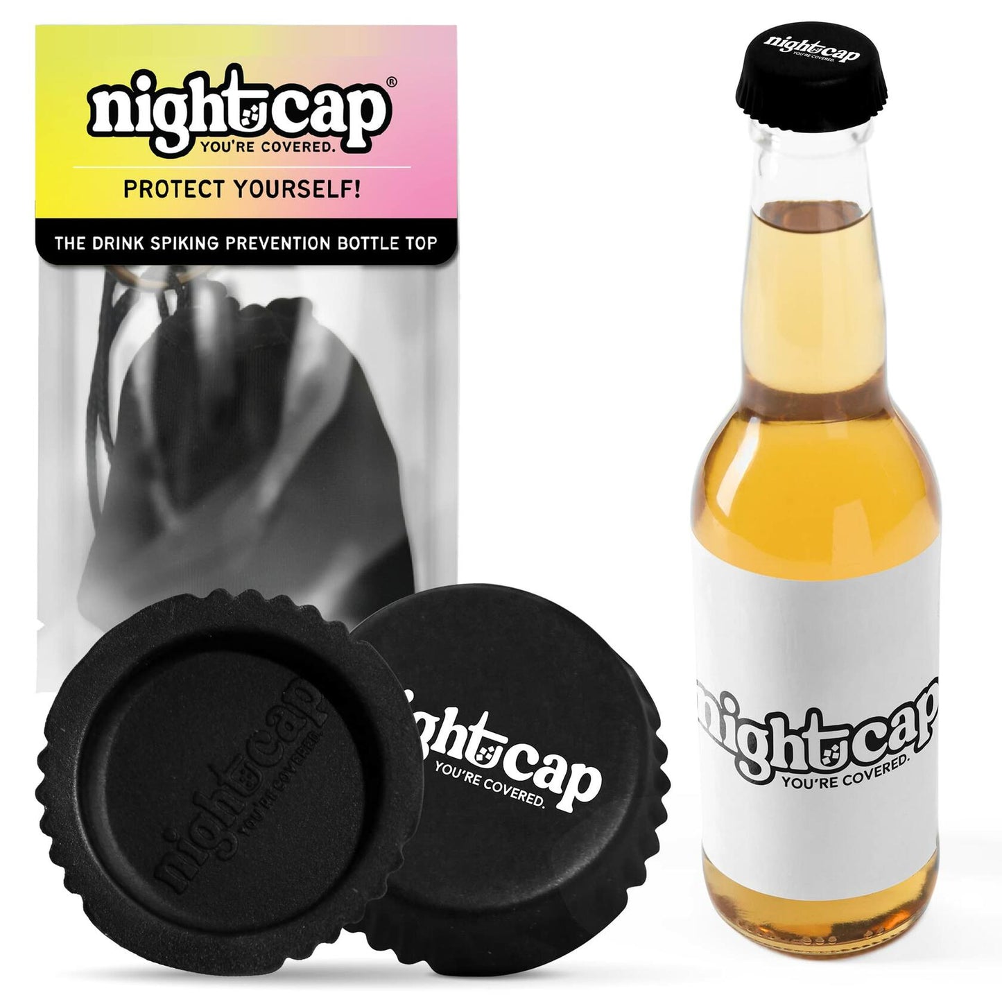 Nightcap Drink Spiking Prevention Bottle Caps Silicone Beer Wine 2 Pack