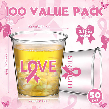 Nuogo Breast Cancer Pink Plastic Shot Glasses 2.87oz 100 Pcs Clear Pink