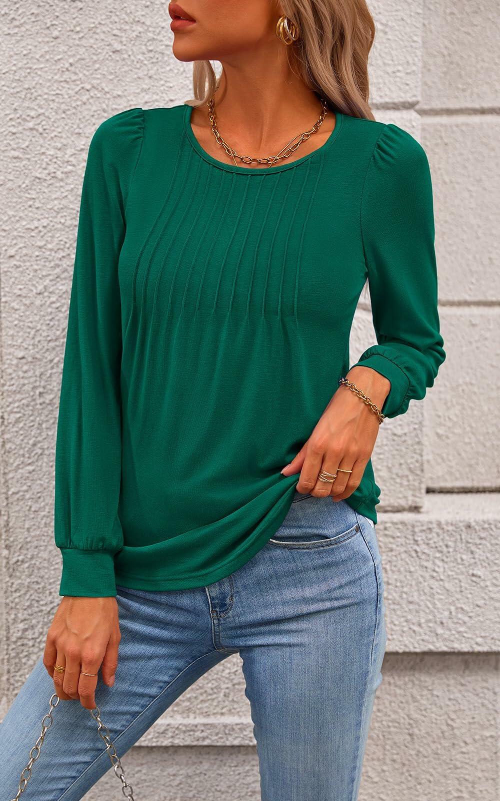NALANISA Women's Pleated Crew Neck Puff Sleeve Top Blue Grey Size S