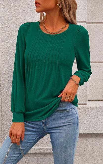 NALANISA Women's Pleated Crew Neck Puff Sleeve Top Blue Grey Size S