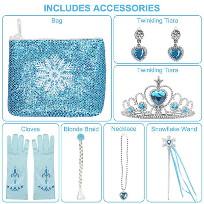 Tackview Girls Princess Costume Dress Blue with Handbag Crown Wand Size M
