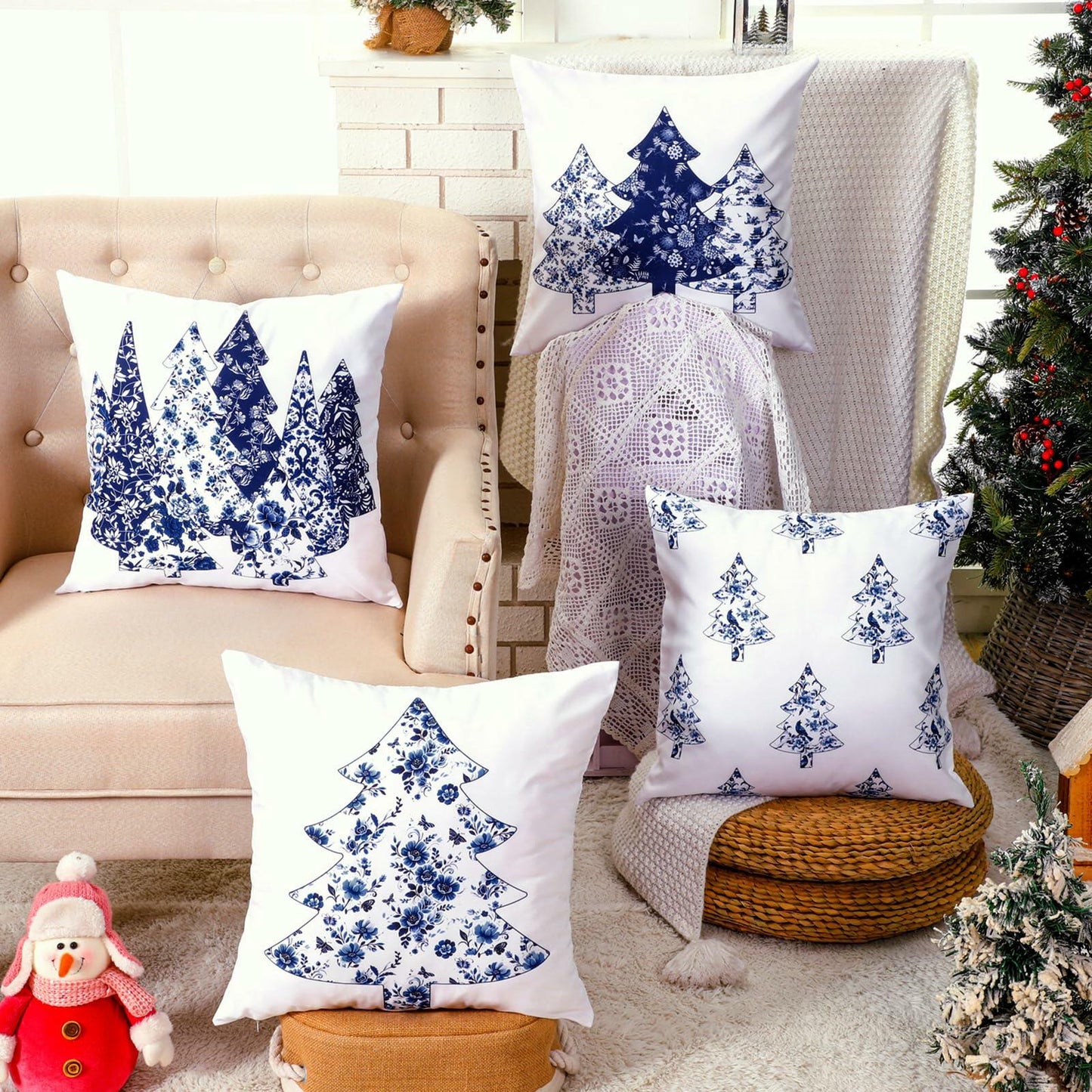 Mixweer Chinoiserie Christmas Tree Throw Pillow Covers 18x18 Blue 4 Pc