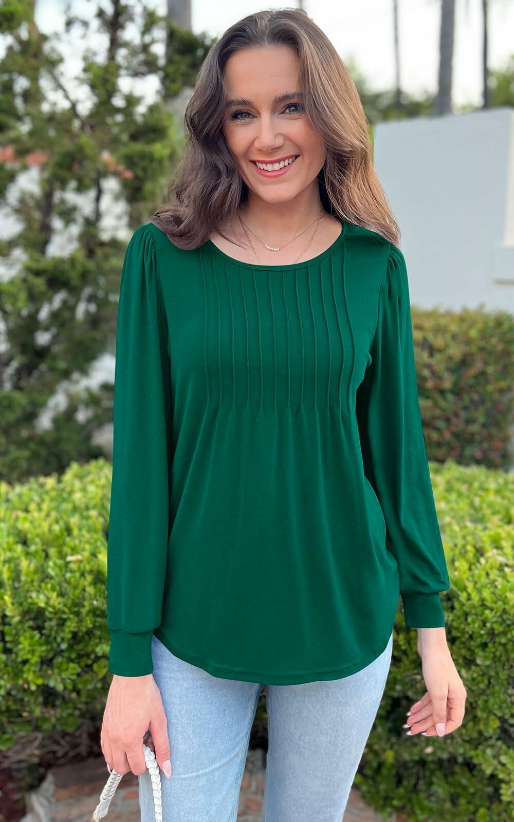 NALANISA Women's Pleated Crew Neck Puff Sleeve Top Blue Grey Size S