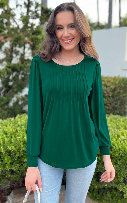 NALANISA Women's Pleated Crew Neck Puff Sleeve Top Blue Grey Size S
