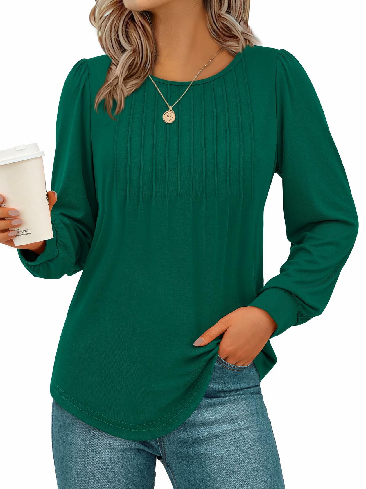 NALANISA Women's Pleated Crew Neck Puff Sleeve Top Blue Grey Size S