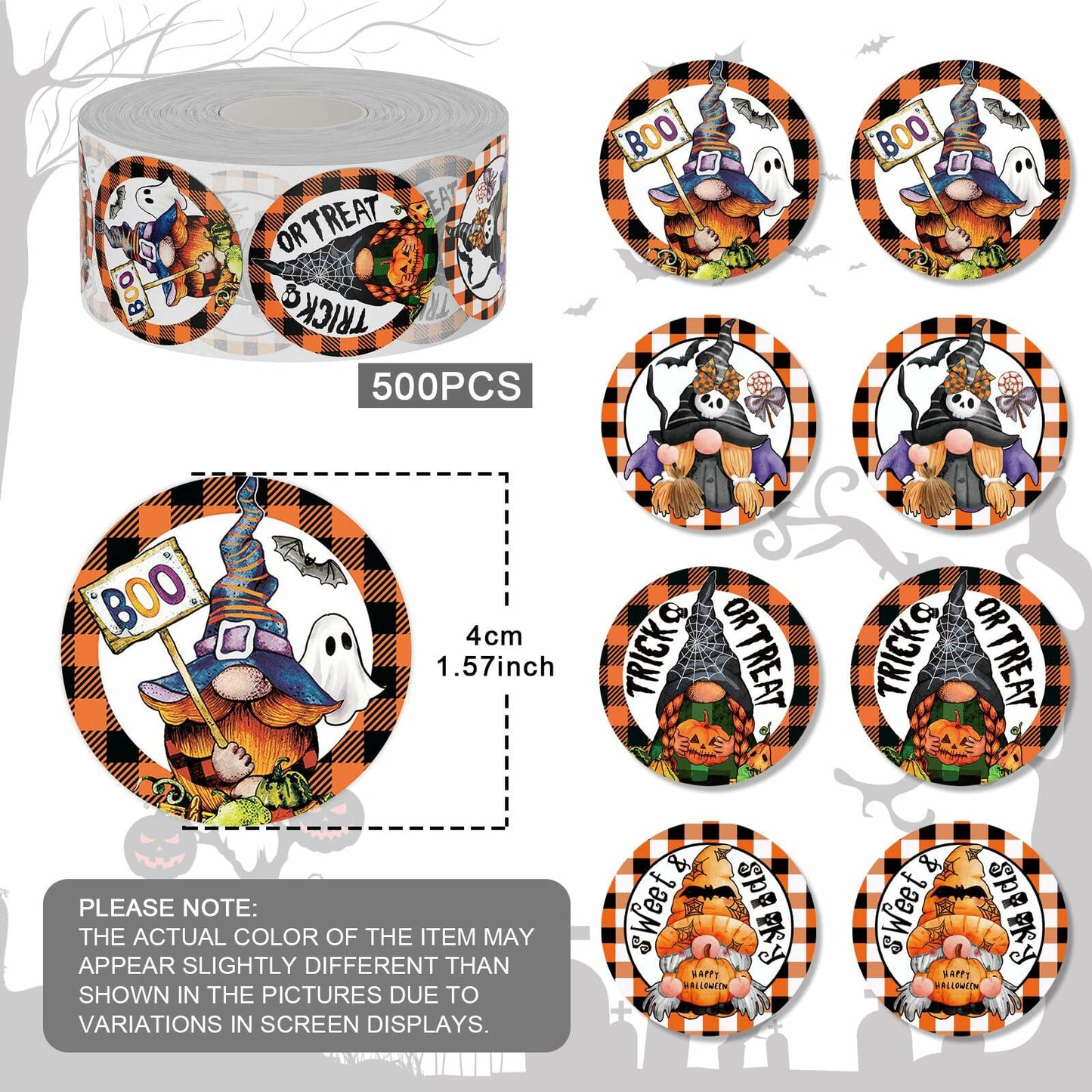 ZAEW Halloween Sticker Roll 500pcs 1.5" Round Colored Gnomes Decals