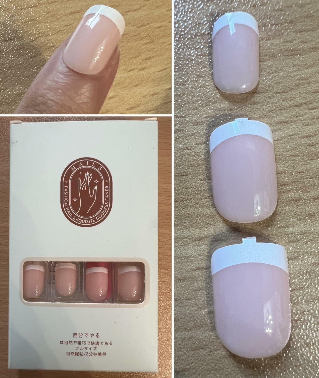 White French Tip Press On Nails Short Square Clear Pink Glossy 24 Pcs