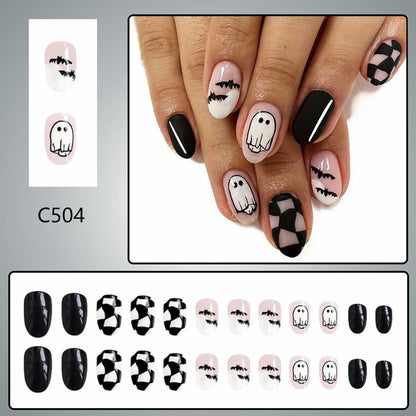 Halloween Press On Nails Short Square Ghost Pumpkin Bat Black Nails