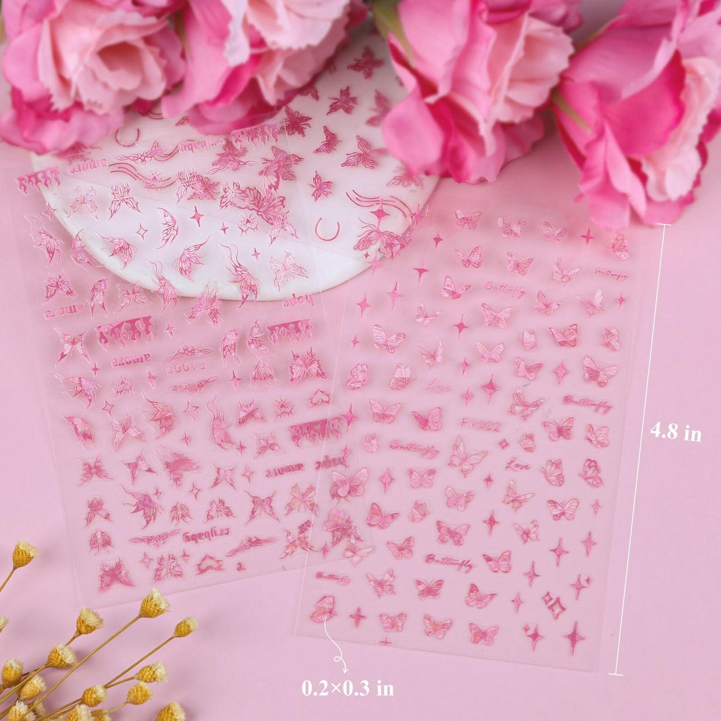 kikonoke 3D Butterfly Nail Stickers Laser Pink Sun Moon Star 4 Sheets