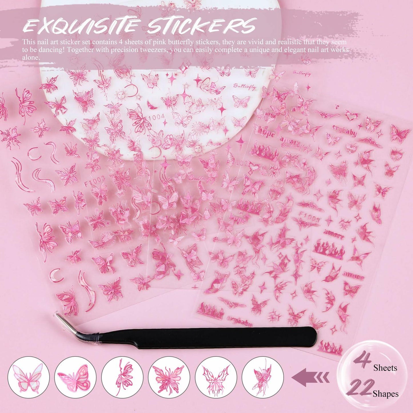 kikonoke 3D Butterfly Nail Stickers Laser Pink Sun Moon Star 4 Sheets