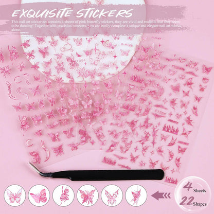 kikonoke 3D Butterfly Nail Stickers Laser Pink Sun Moon Star 4 Sheets