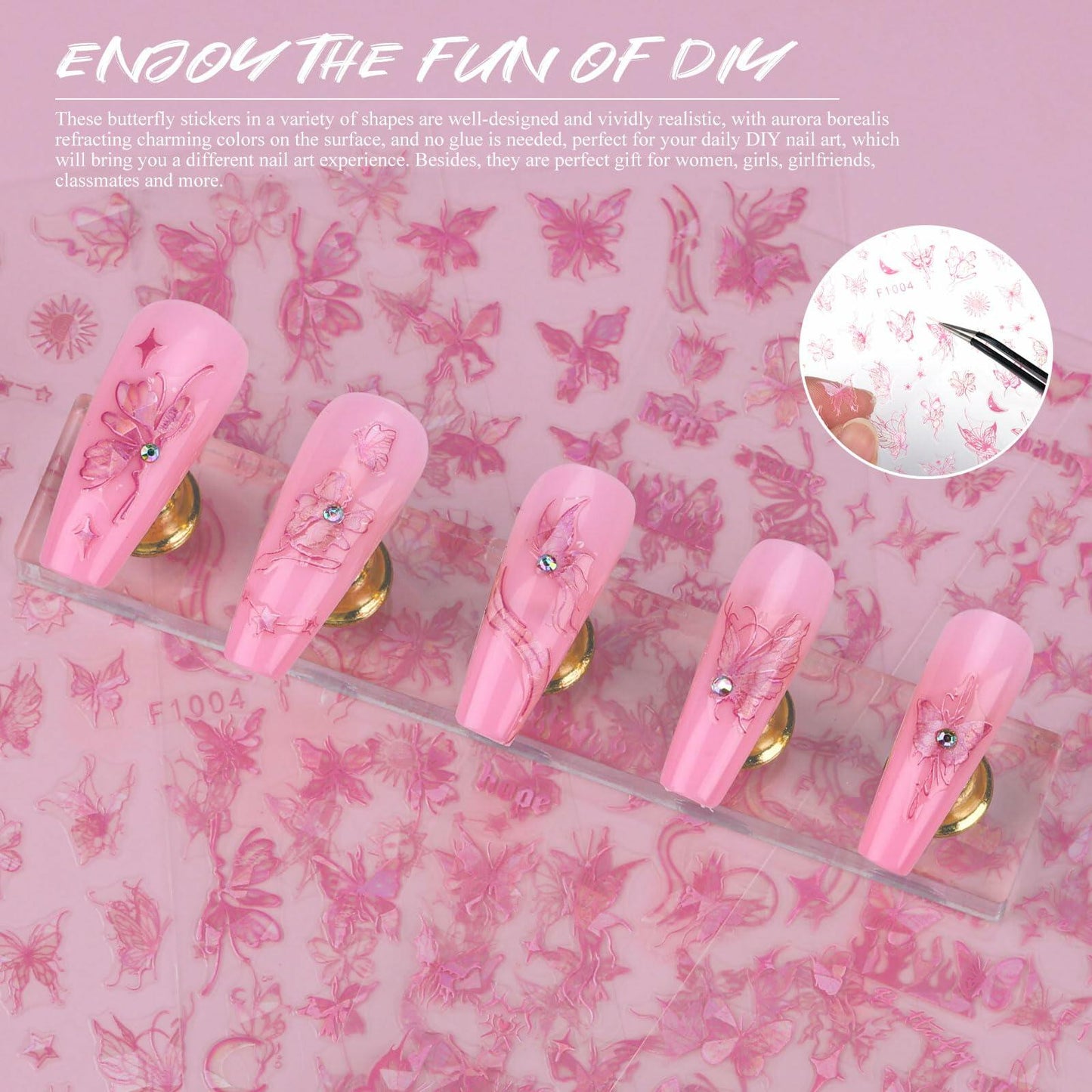 kikonoke 3D Butterfly Nail Stickers Laser Pink Sun Moon Star 4 Sheets