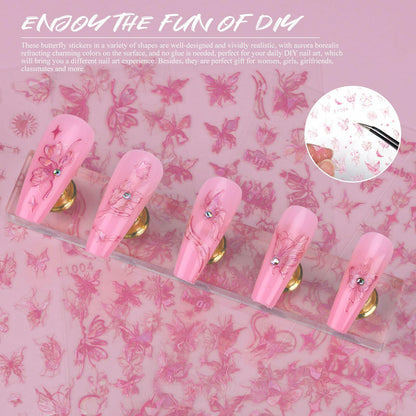 kikonoke 3D Butterfly Nail Stickers Laser Pink Sun Moon Star 4 Sheets