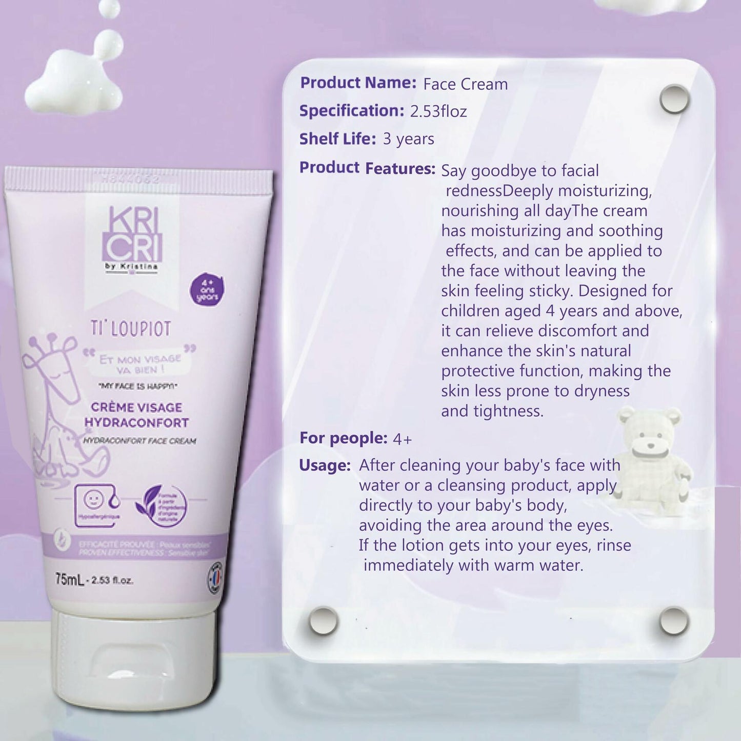 Kricri Children Face Moisturizer Plant Based for Dry Sensitive Skin