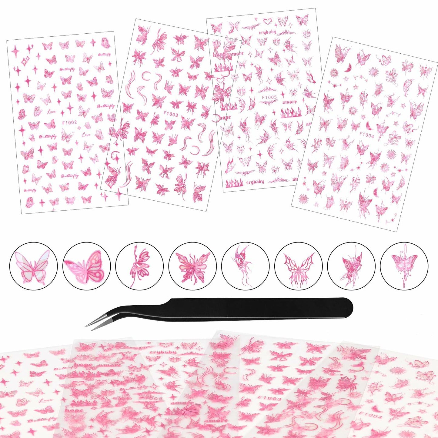 kikonoke 3D Butterfly Nail Stickers Laser Pink Sun Moon Star 4 Sheets