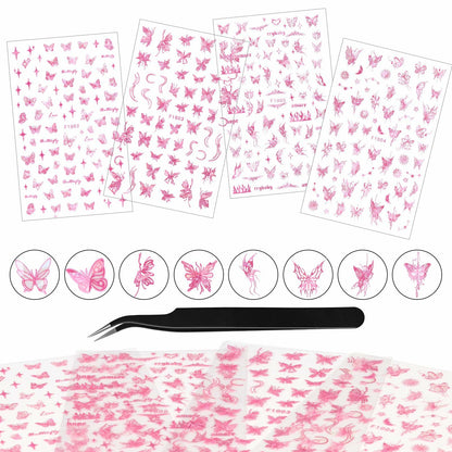 kikonoke 3D Butterfly Nail Stickers Laser Pink Sun Moon Star 4 Sheets