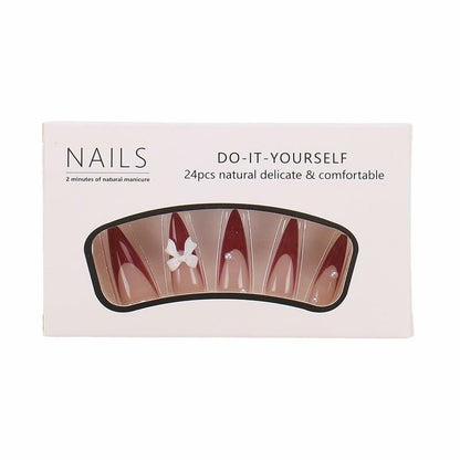 Red French Press On Nails Almond Medium Glossy Bow Pearl 24 Pcs
