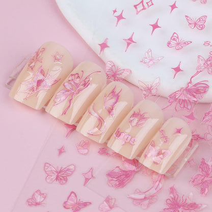 kikonoke 3D Butterfly Nail Stickers Laser Pink Sun Moon Star 4 Sheets