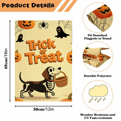 Halloween Trick or Treat Garden Flag 12x18 Double Sided Ghost Dog