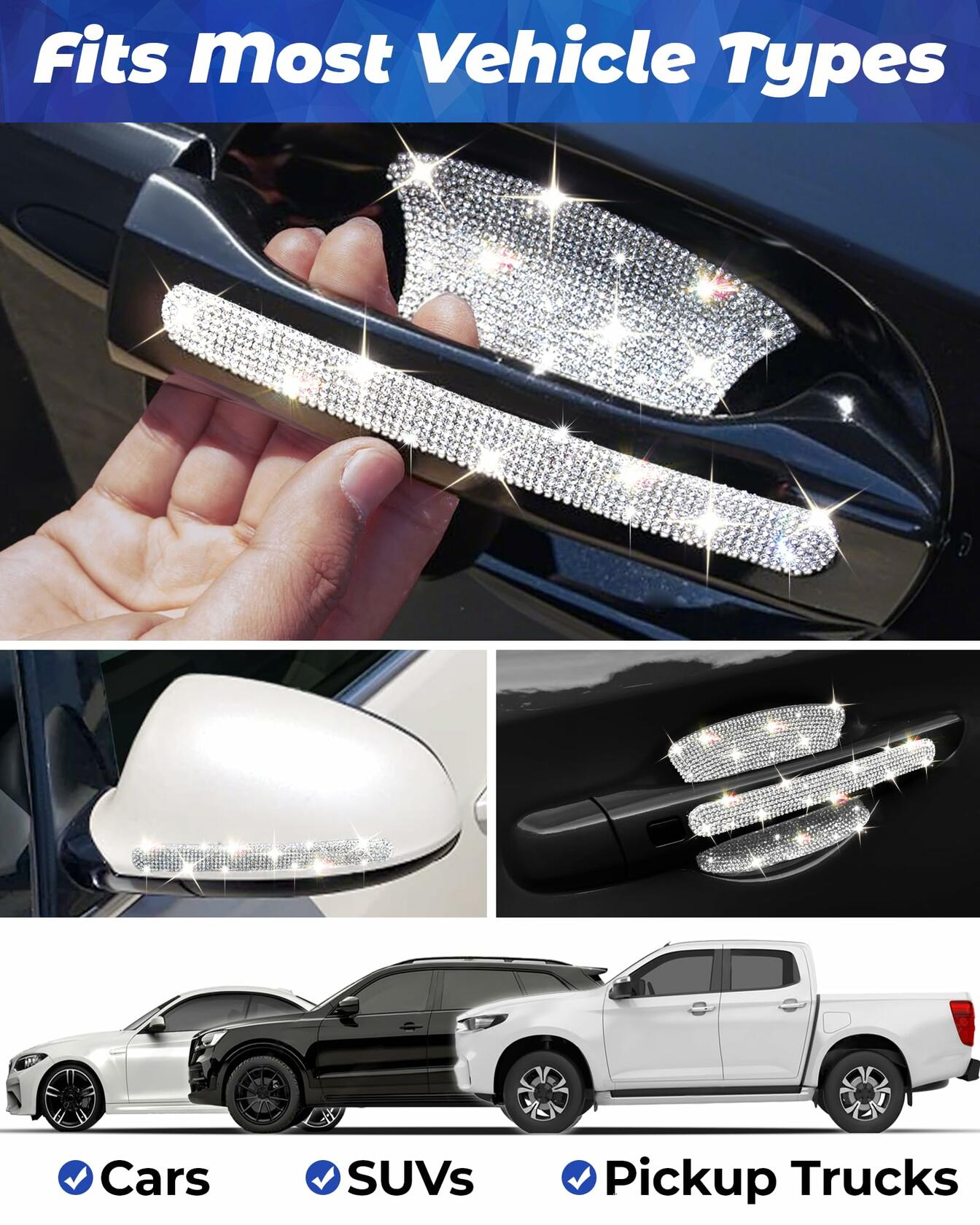 MUPEAK Car Door Handle Protector 10PCS White Sparkling Rhinestone Universal