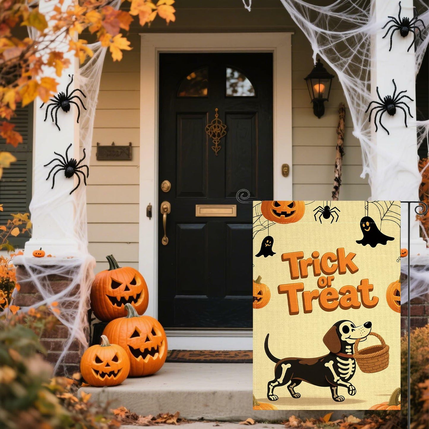 Halloween Trick or Treat Garden Flag 12x18 Double Sided Ghost Dog