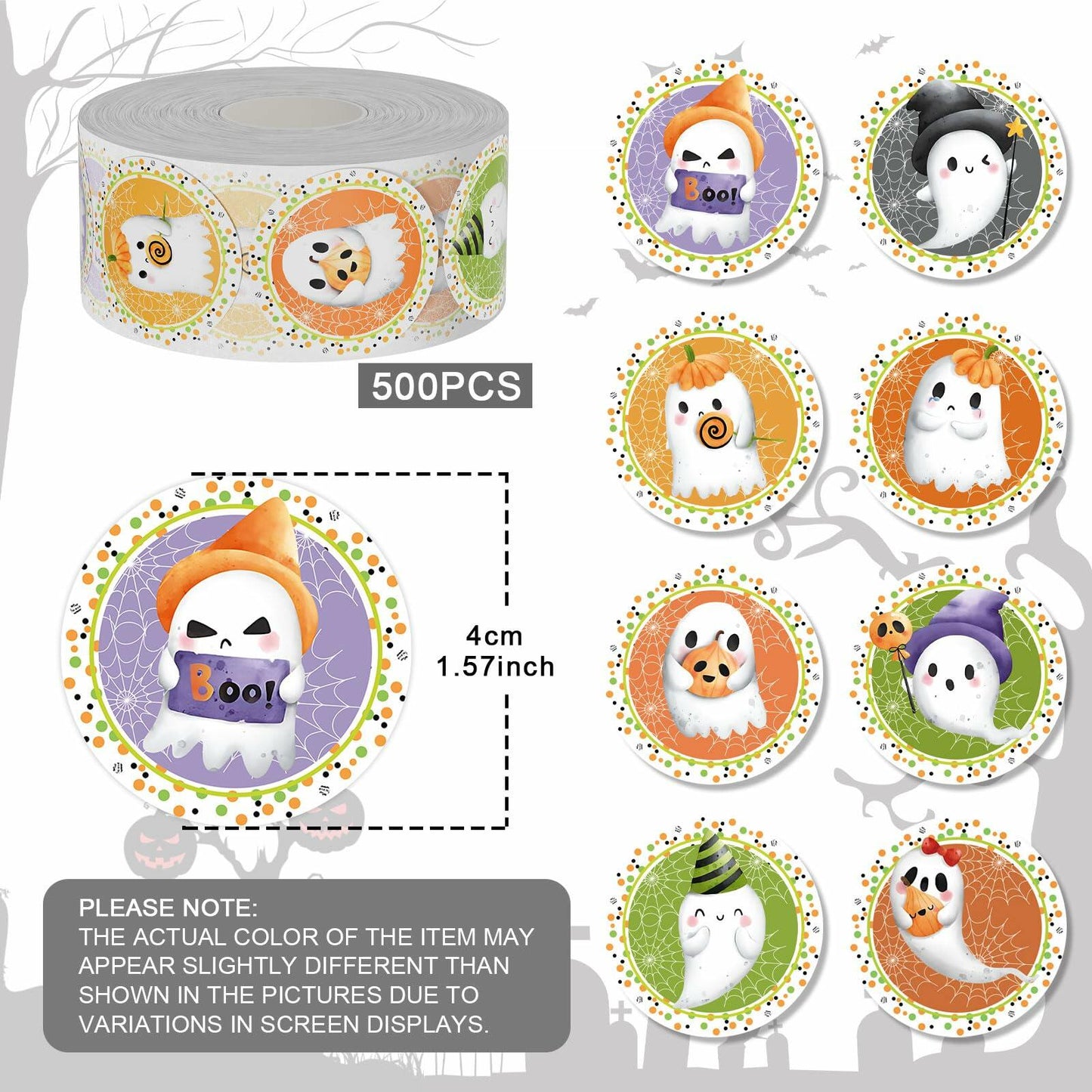 ZAEW Halloween Sticker Roll 500pcs 1.5" Colored Ghosts Round Decals