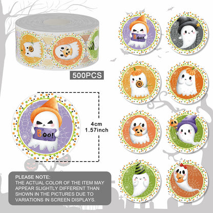 ZAEW Halloween Sticker Roll 500pcs 1.5" Colored Ghosts Round Decals