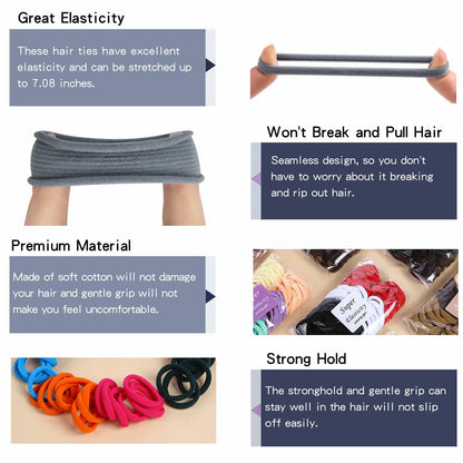 TANJY Black Hair Ties 100 Pcs Seamless Ponytail Holders Thick Hair
