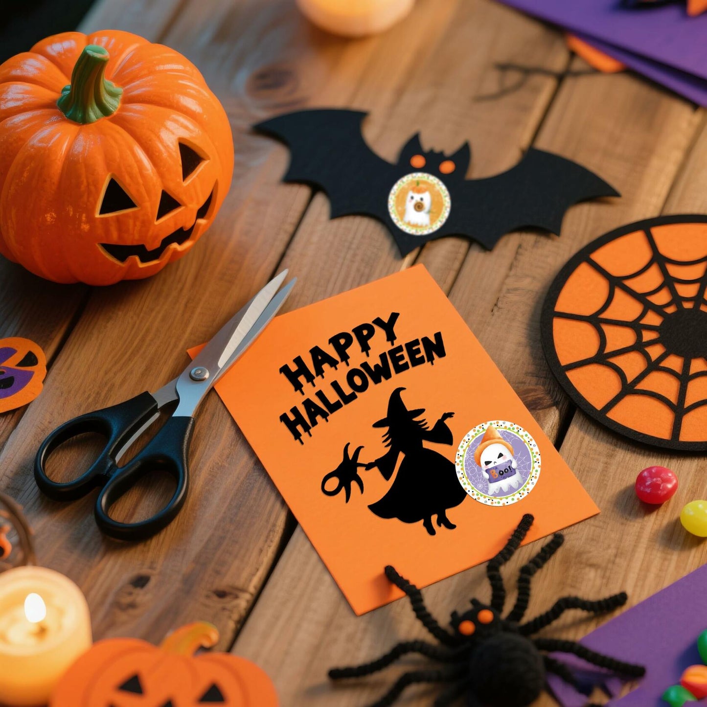ZAEW Halloween Sticker Roll 500pcs 1.5" Colored Ghosts Round Decals