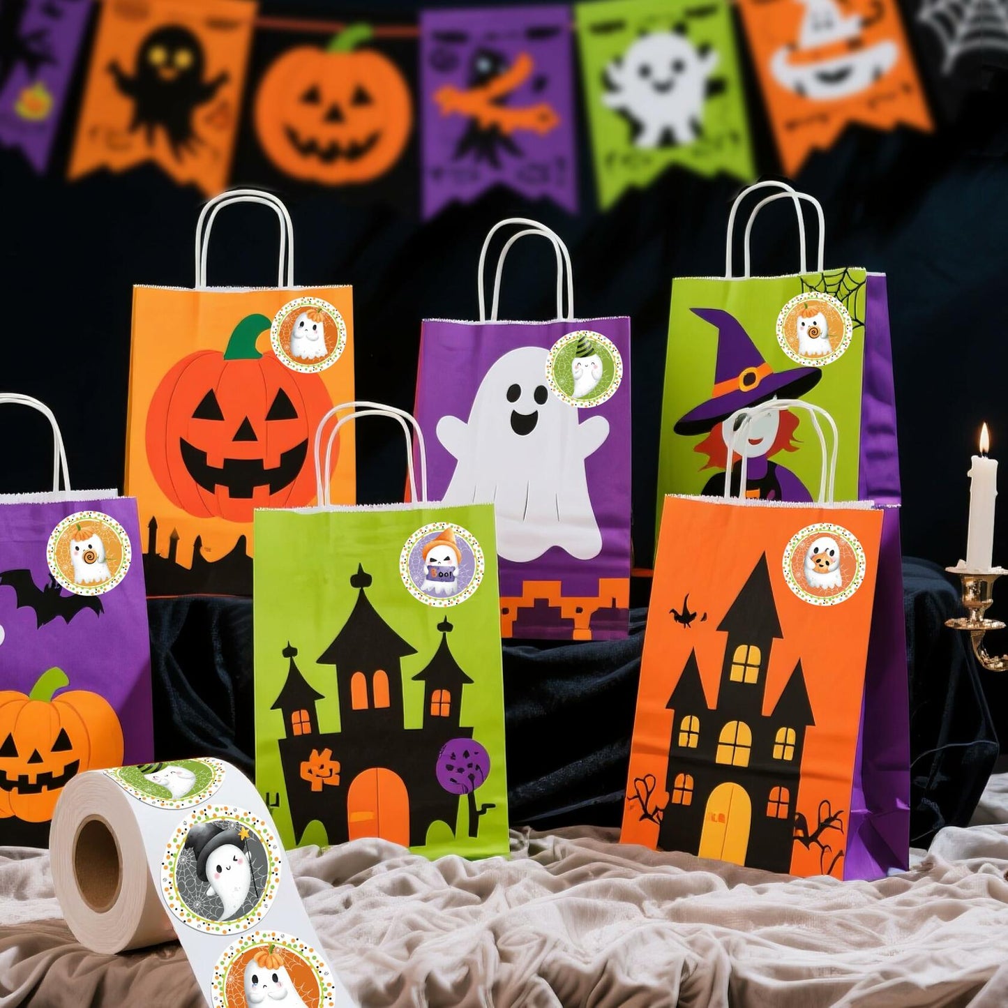 ZAEW Halloween Sticker Roll 500pcs 1.5" Colored Ghosts Round Decals