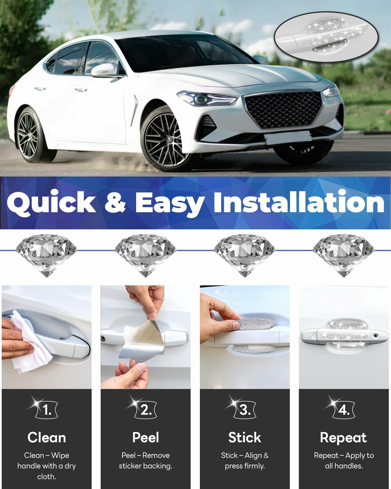MUPEAK Car Door Handle Protector 10PCS White Sparkling Rhinestone Universal