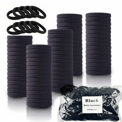 TANJY Black Hair Ties 100 Pcs Seamless Ponytail Holders Thick Hair