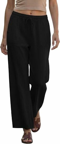 NIMIN Womens Linen Palazzo Pants High Waisted Drawstring Black Size M