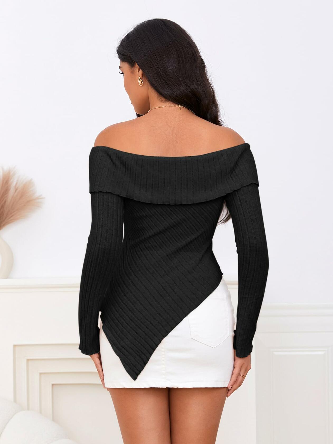 MakeMeChic Y2K Off Shoulder Long Sleeve Knit Top Black Size S