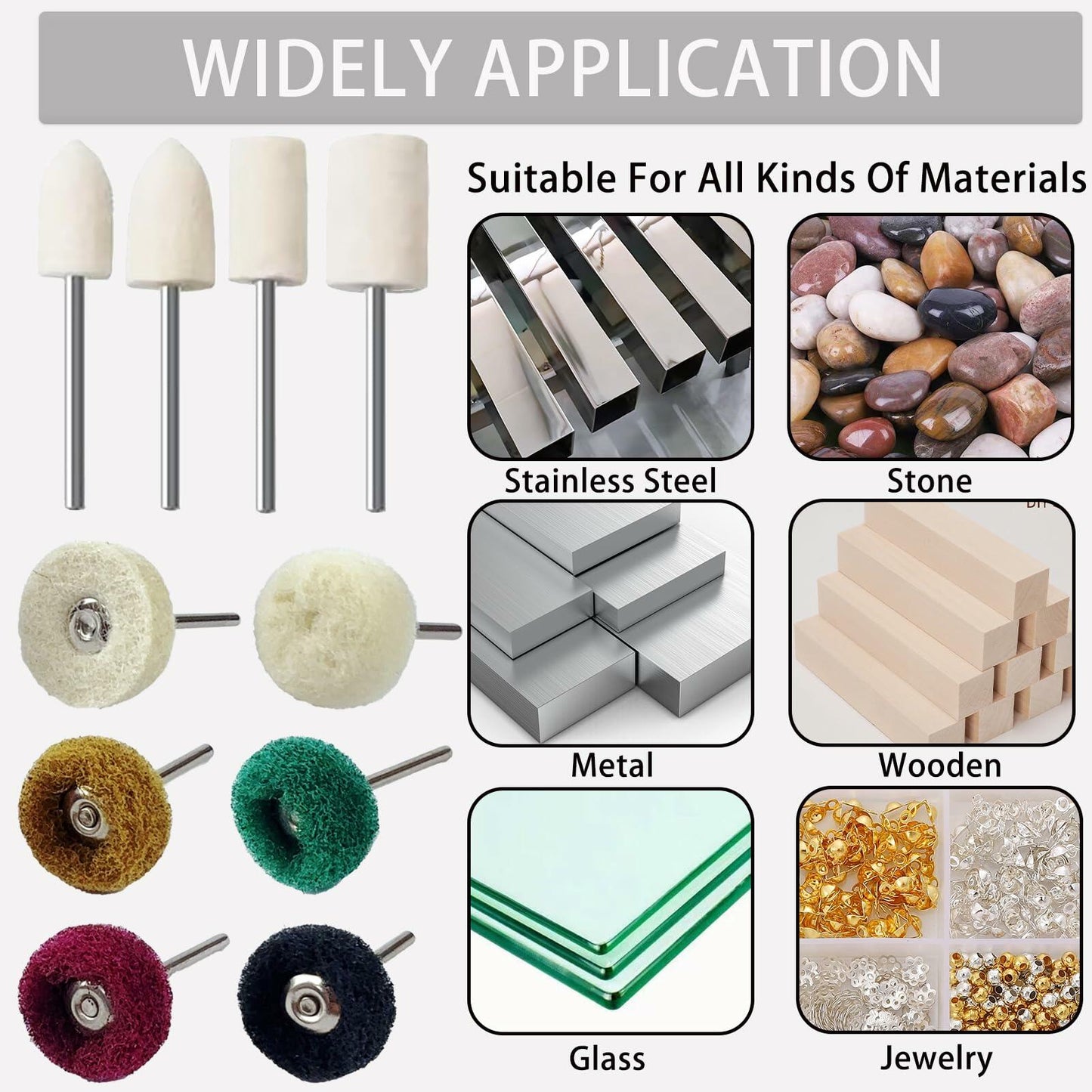 VZLQZJMKY 114 Pcs Wool Polishing Wheel Kit Rotary Tools 1/8" Shank Resin