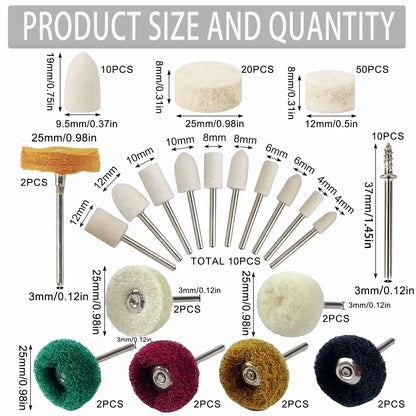 VZLQZJMKY 114 Pcs Wool Polishing Wheel Kit Rotary Tools 1/8" Shank Resin
