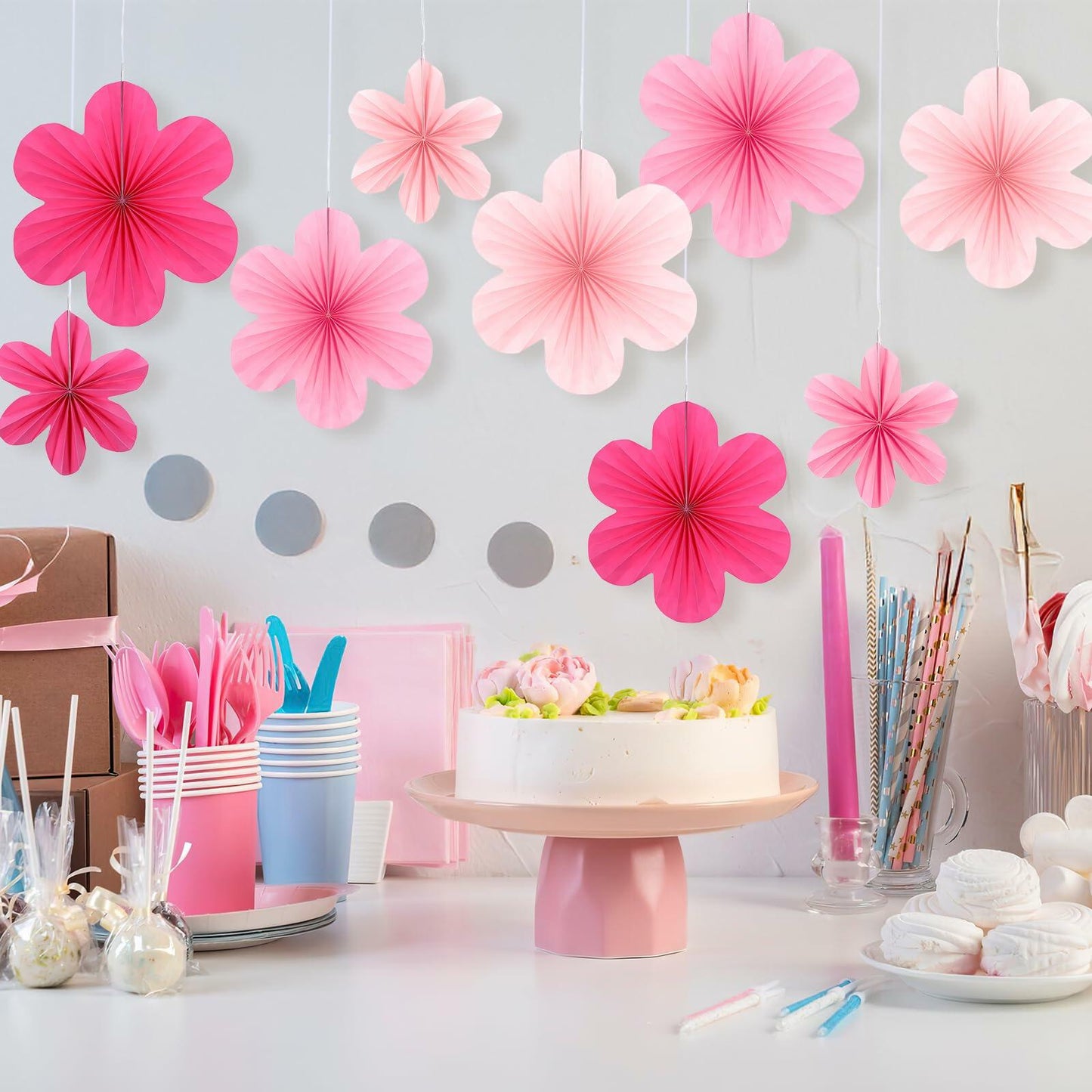 Telooco 9Pcs Pink Paper Fans & Flowers Party Decorations Hanging Set