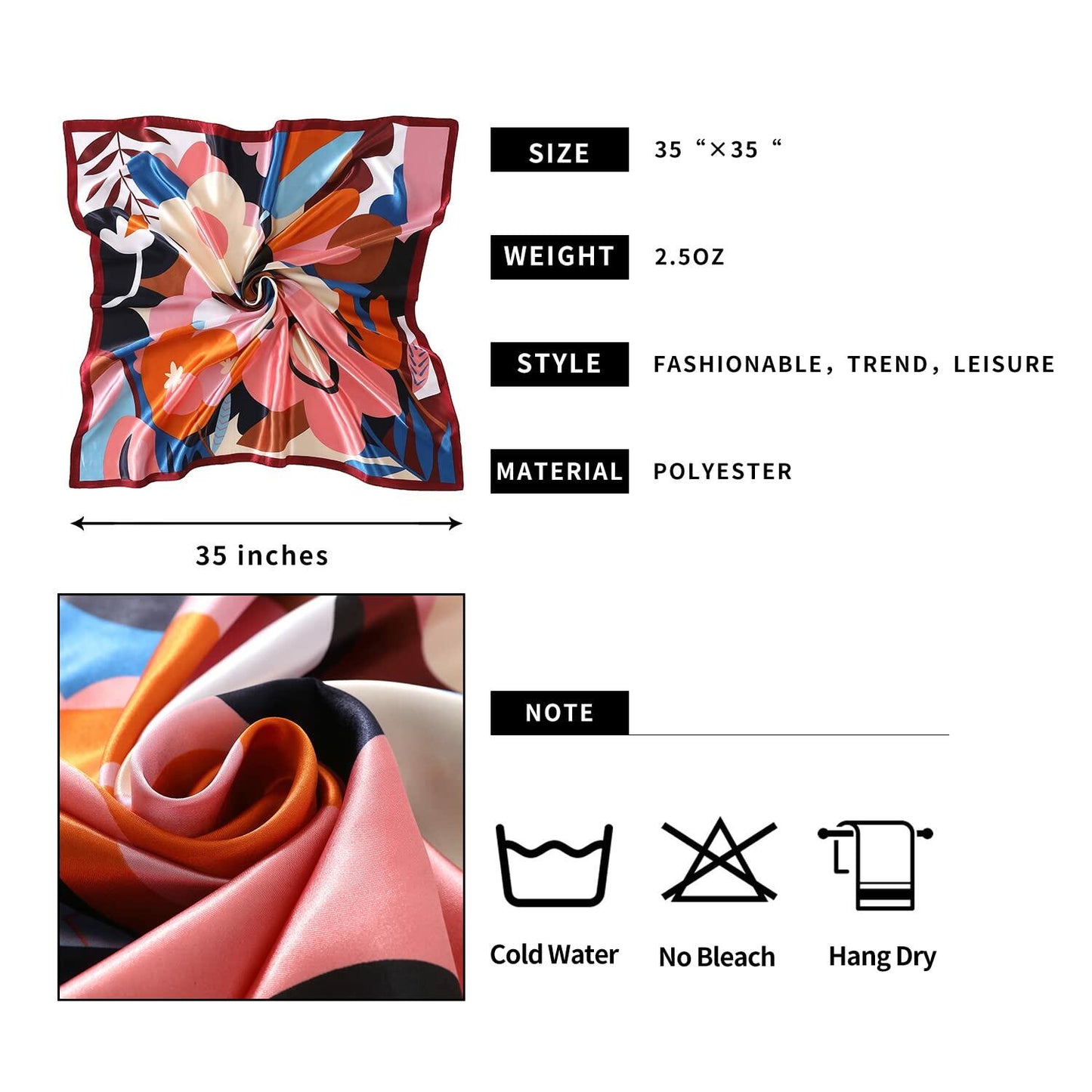 SHJINJU Women's 35" Satin Silk Hair Scarf Wrap Floral Print 1 Style Size 35"