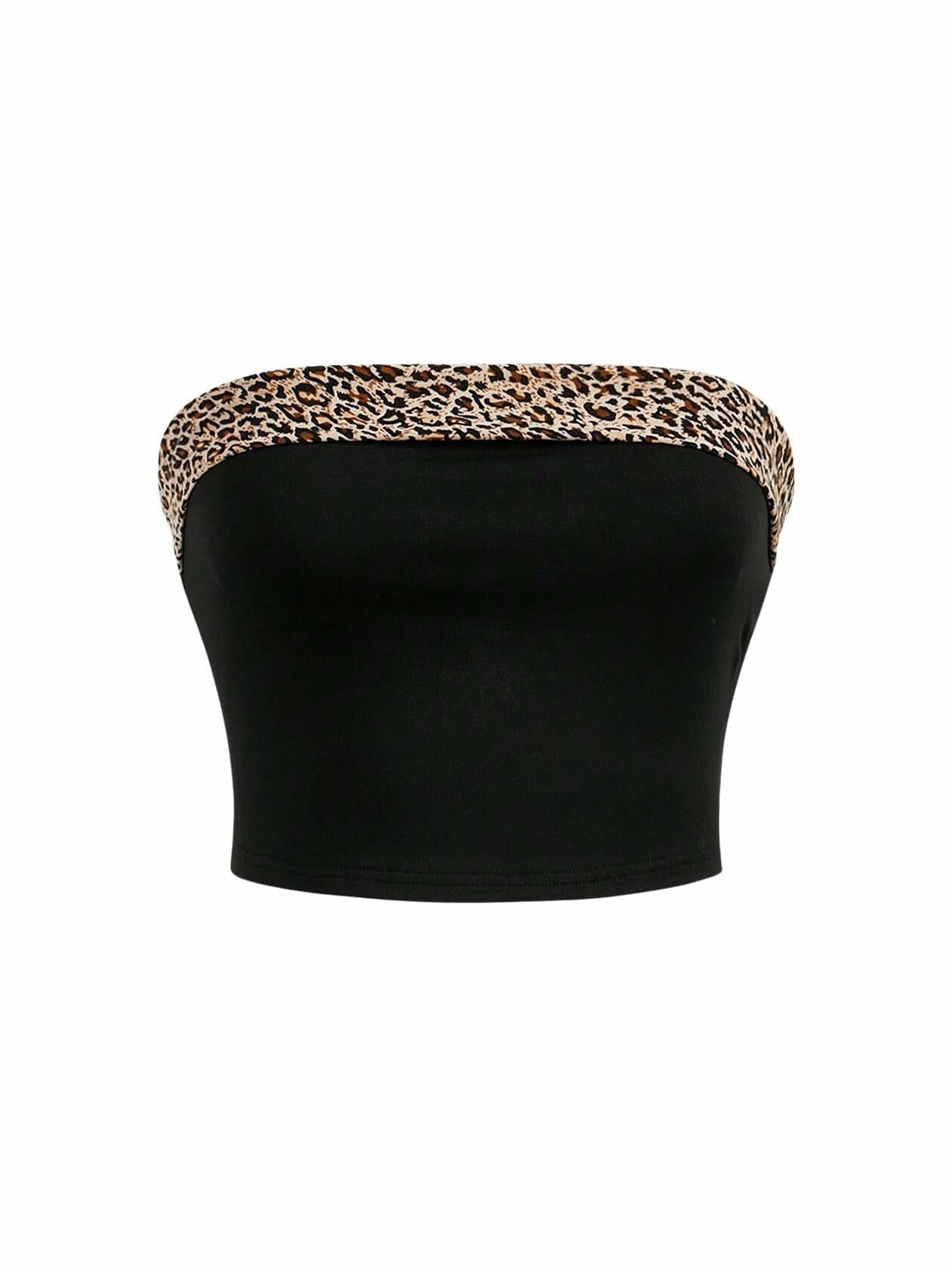 BEAUDRM Women's Leopard Crop Tube Top Strapless Sleeveless Black Size L