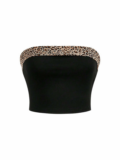 BEAUDRM Women's Leopard Crop Tube Top Strapless Sleeveless Black Size L