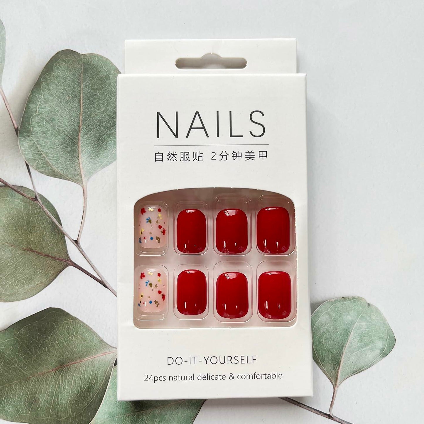 LYLYNB 24pcs Wine Red Floral Square False Nails Glossy Full Cover Set
