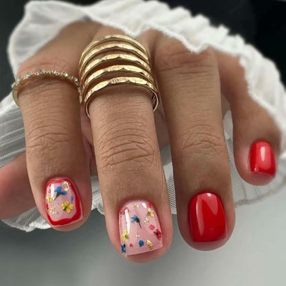 LYLYNB 24pcs Wine Red Floral Square False Nails Glossy Full Cover Set