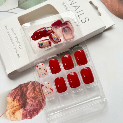 LYLYNB 24pcs Wine Red Floral Square False Nails Glossy Full Cover Set