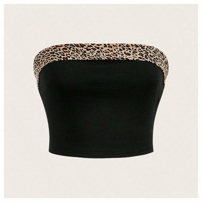 BEAUDRM Women's Leopard Crop Tube Top Strapless Sleeveless Black Size L