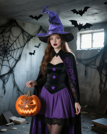 RENEMEGO Purple Witch Hat Ruched Halloween Costume Adult Cosplay LARP