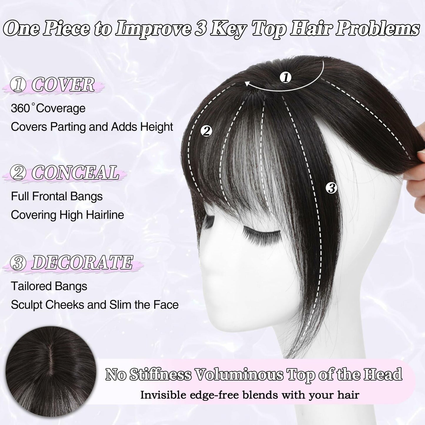 BUPPLER 360° 3D Hair Topper with Bangs for Thinning Hair 5x10 Brown Black