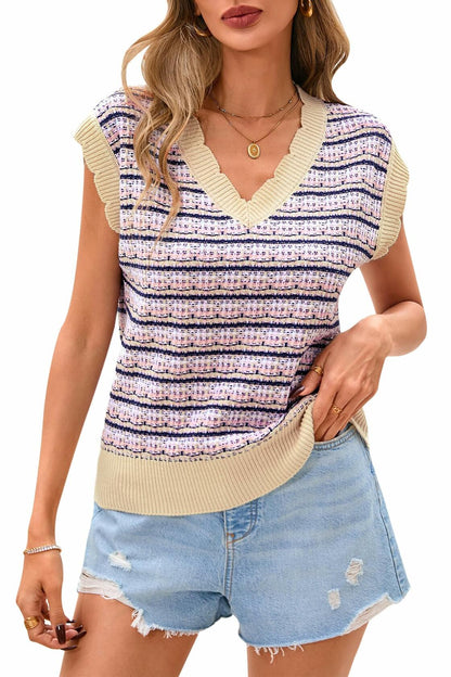 CFLONGE Women Sleeveless Striped Sweater Vest Cropped Knit Tank Top Pink XL