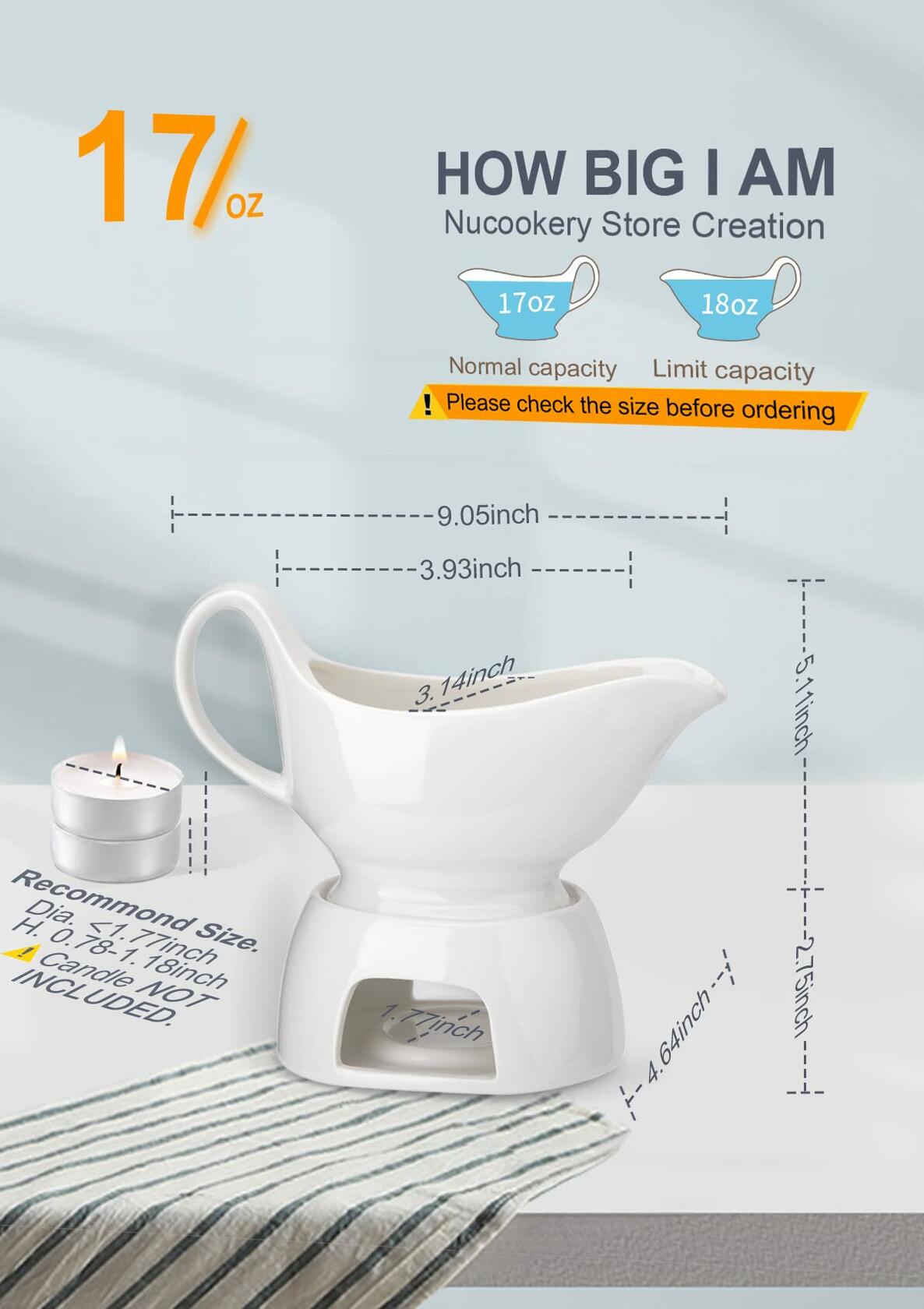 Nucookery Large 17 Oz Porcelain Gravy Boat with Warmer White