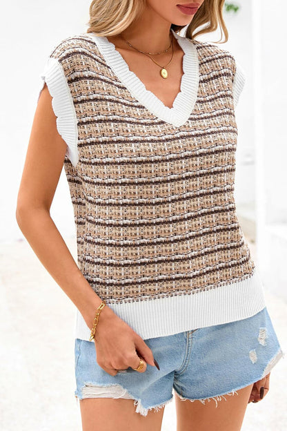 CFLONGE Women's Striped Crochet Knit Sweater Vest Khaki Size Large